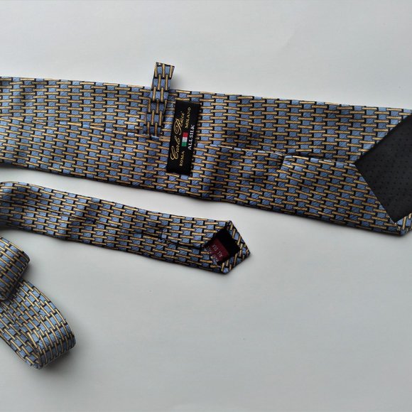 Carlo Ricci Blue, Yellow Gold & Black Rectangular Pattern 100% Silk Tie - Picture 5 of 5